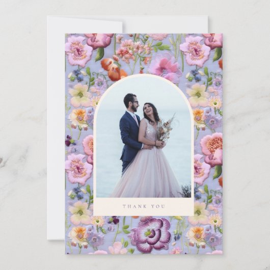 Paarse grote bloemenborduurwerk maximalistische br bedankkaart (Voorkant)