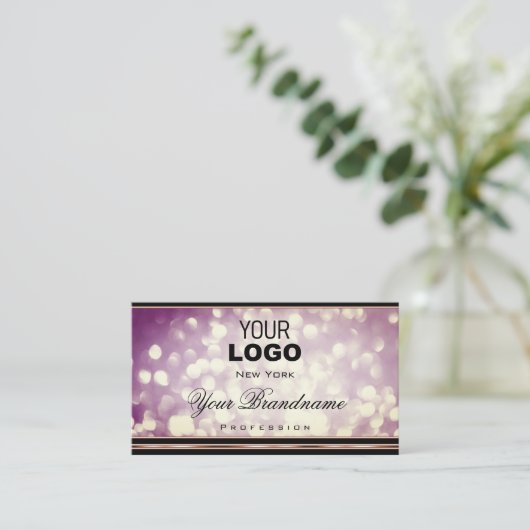 Paarse Grote Glitter Logo - Zwarte Roos Gold Borde Visitekaartje (Staand voorkant)