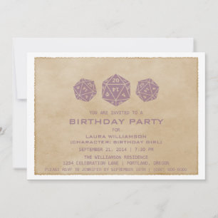 Paarse Grunge D20 Dice Gamer Birthday Party Invite Kaart