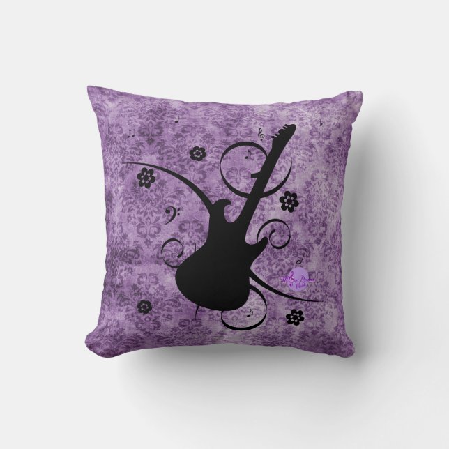 Paarse Grunge Damask Black Guitar & Flowers Pillow Kussen (Voorkant)