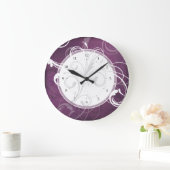 Paarse Grunge Damask Elegant Swirls Grote Klok (Huis)