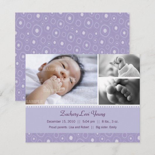 Paarse gumdrop Birth Aankondiging (Voorkant / Achterkant)