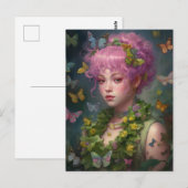 Paarse Haarbloemen en Vlinder Vrouw Briefkaart (Voorkant / Achterkant)