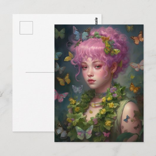 Paarse Haarbloemen en Vlinder Vrouw Briefkaart (Voorkant / Achterkant)