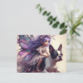 Paarse haarfee Rijden een Boston Terrier Fantasy Briefkaart (Staand voorkant)