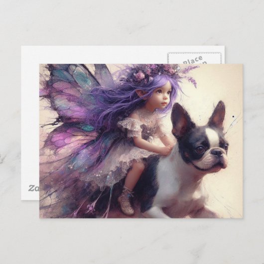 Paarse haarfee Rijden een Boston Terrier Fantasy Briefkaart (Voorkant / Achterkant)