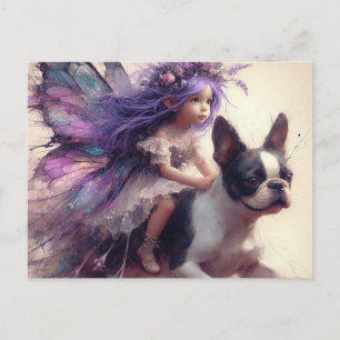 Paarse haarfee Rijden een Boston Terrier Fantasy Briefkaart