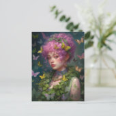 Paarse haarklimop en vlinder vrouw briefkaart (Staand voorkant)