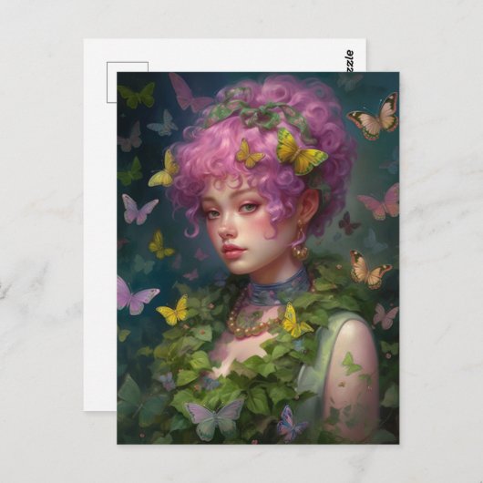 Paarse haarklimop en vlinder vrouw briefkaart (Voorkant / Achterkant)