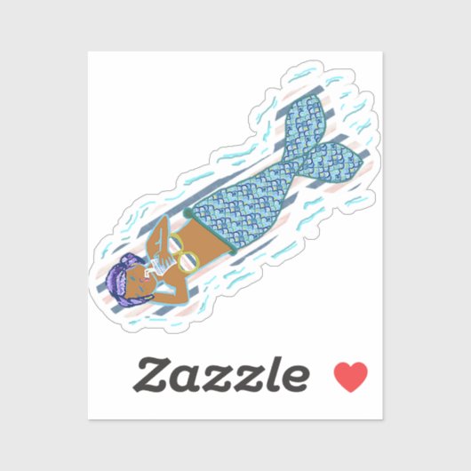 Paarse Hair, Blue Tail Zeemeermin nippen een Drink Sticker (Vel)