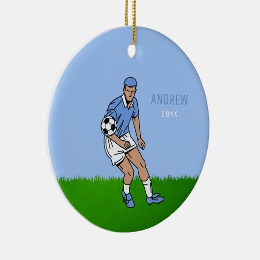 Paarse Hair Boy Soccer Player Kind Naam Jaar Datum Keramisch Ornament (Rechts)