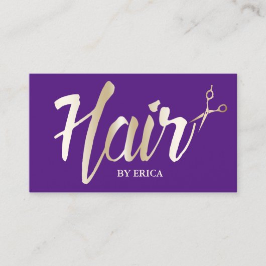 Paarse Hair Stylist Gold Script Modern Salon Visitekaartje (Voorkant)