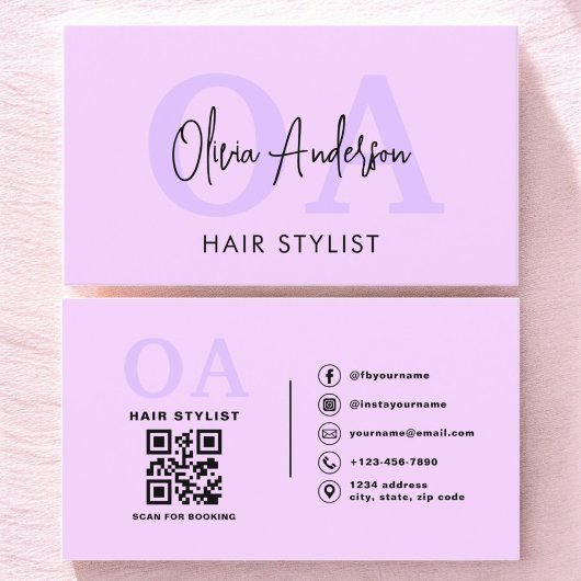 Paarse Hair Stylist QR Code Monogram Visitekaartje