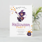 Paarse haired heks en zwarte kat Halloween Party Kaart (Staand voorkant)