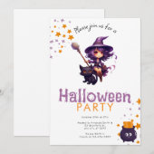 Paarse haired heks en zwarte kat Halloween Party Kaart (Voorkant / Achterkant)