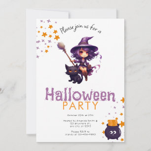 Paarse haired heks en zwarte kat Halloween Party Kaart
