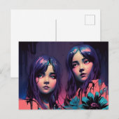 Paarse Haired Meisjes Gekleed in Roze Briefkaart (Voorkant / Achterkant)