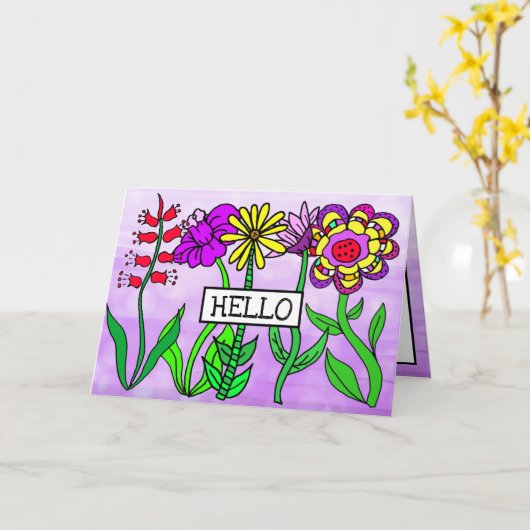 Paarse Hallo en denken over jou Kaart (Gele Bloem)