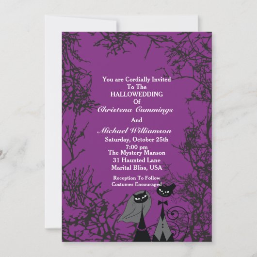 Paarse Hallowedding Cats Wedding Invitation 2 Kaart (Voorkant)