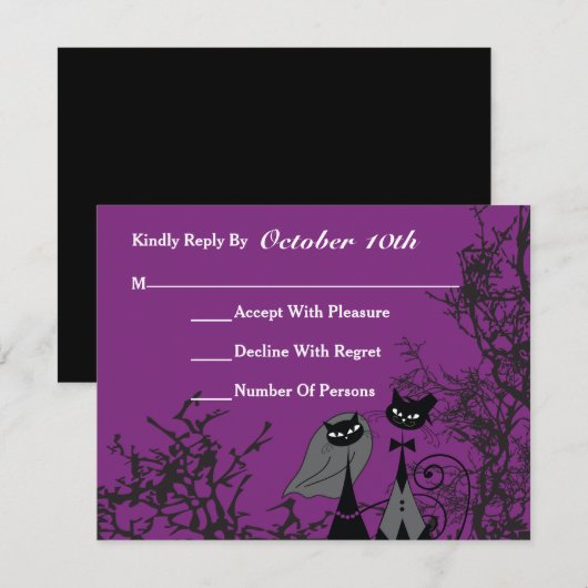 Paarse Hallowedding Cats Wedding RSVP Card (Voorkant / Achterkant)