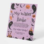 Paarse HalloWeen Baby shower Mijn Water Broke Game Reclamebord Met Voetstuk (Voorkant)
