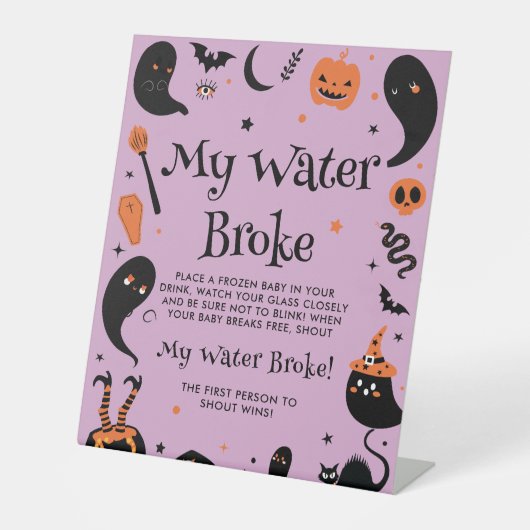 Paarse HalloWeen Baby shower Mijn Water Broke Game Reclamebord Met Voetstuk (Voorkant)