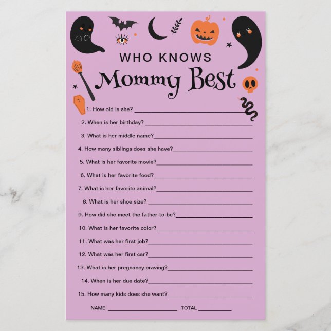 Paarse Halloween Baby shower Wie kent mama het bes (Voorkant)