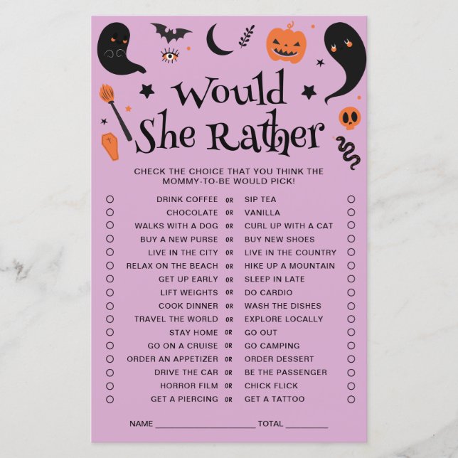 Paarse Halloween Baby shower zou ze liever spel (Voorkant)