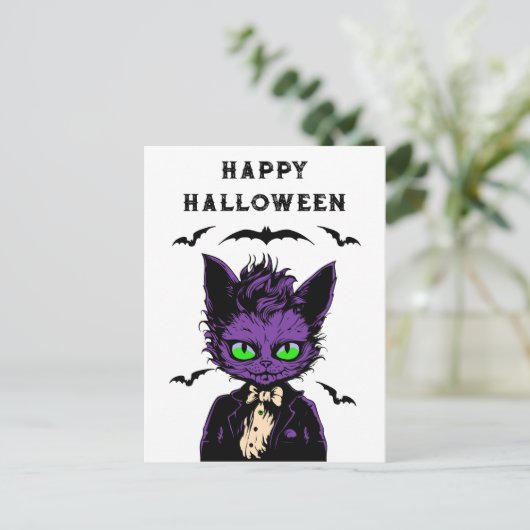 Paarse Halloween Cat Briefkaart (Staand voorkant)