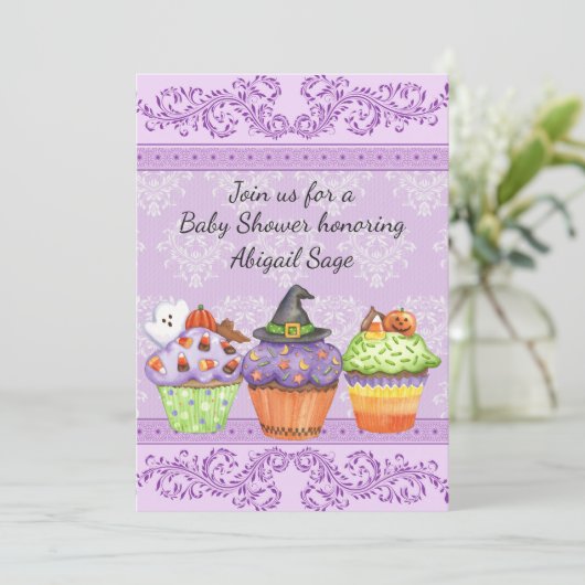  Paarse Halloween Cupcakes Baby shower Kaart (Staand voorkant)
