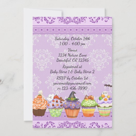  Paarse Halloween Cupcakes Baby shower Kaart (Achterkant)