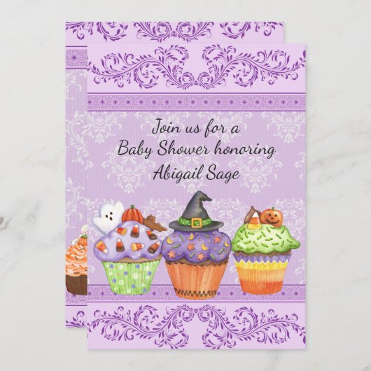  Paarse Halloween Cupcakes Baby shower Kaart (Voorkant / Achterkant)