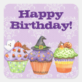  Paarse Halloween Cupcakes Happy Birthday Vierkante Sticker