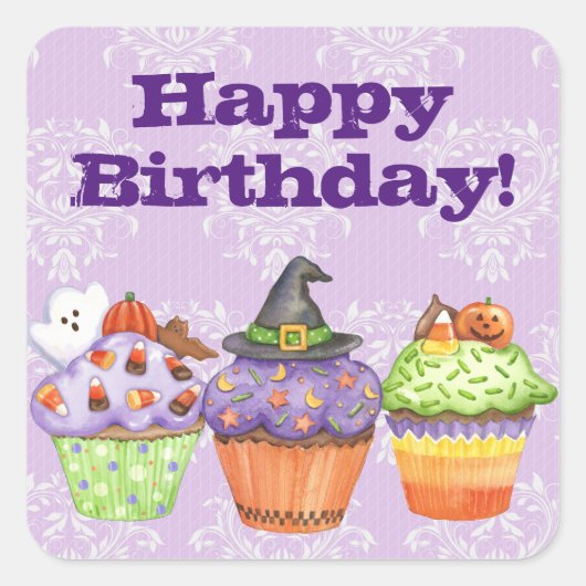 Paarse Halloween Cupcakes Happy Birthday Vierkante Sticker (Voorkant)