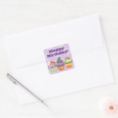 Paarse Halloween Cupcakes Happy Birthday Vierkante Sticker (Envelop)