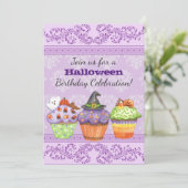  Paarse Halloween Cupcakes Verjaardag Uitnodigen Kaart (Staand voorkant)