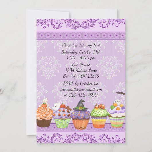  Paarse Halloween Cupcakes Verjaardag Uitnodigen Kaart (Achterkant)