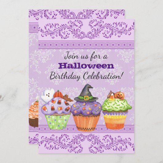 Paarse Halloween Cupcakes Verjaardag Uitnodigen Kaart (Voorkant / Achterkant)