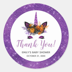 Paarse Halloween Eenhoorn Baby Shower Bedankt Ronde Sticker