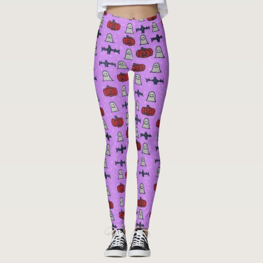 Paarse Halloween Fun Print Leggings (Voorkant)