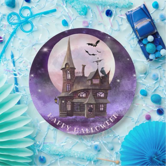 Paarse Halloween Haunch House Bats Full Moon Papieren Bordje (Feest)