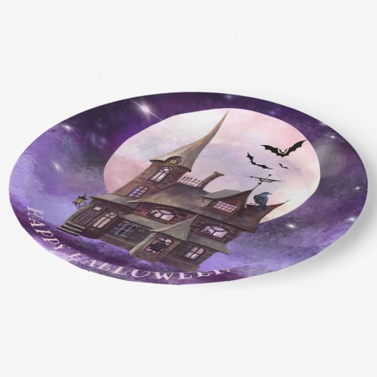 Paarse Halloween Haunch House Bats Full Moon Papieren Bordje (Gekanteld)