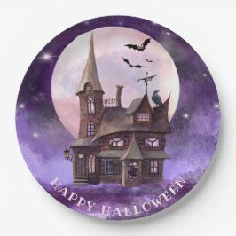 Paarse Halloween Haunch House Bats Full Moon Papieren Bordje