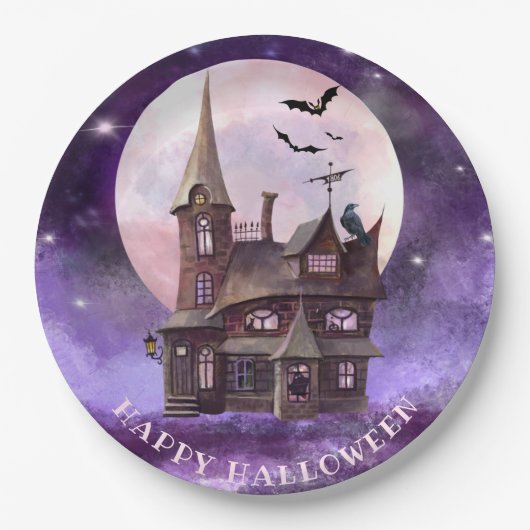 Paarse Halloween Haunch House Bats Full Moon Papieren Bordje (Voorkant)