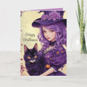  Paarse Halloween Heks & Black Cat  Feestdagen Kaart (Voorkant)