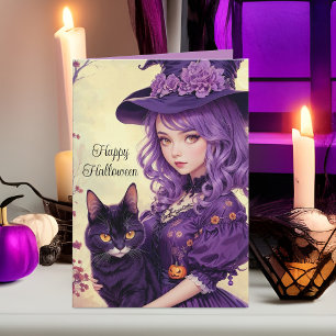  Paarse Halloween Heks & Black Cat  Feestdagen Kaart