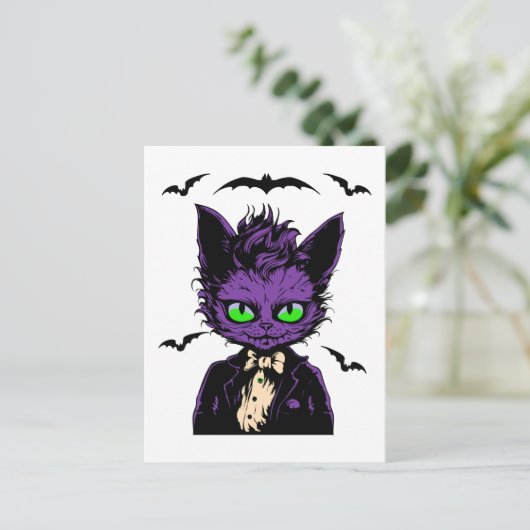 Paarse Halloween Kat met Vleermuizen Briefkaart (Staand voorkant)