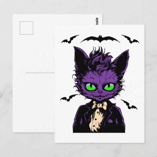 Paarse Halloween Kat met Vleermuizen Briefkaart (Voorkant / Achterkant)