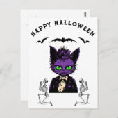 Paarse Halloween Kat met Vleermuizen en Skeletten Briefkaart (Voorkant / Achterkant)