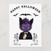 Paarse Halloween Kat met Vleermuizen en Skeletten Briefkaart (Voorkant)